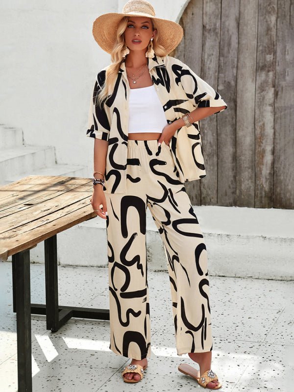 New women's casual fashion printed lapel short - sleeved shirt and trousers vacation suit - Pant Suit